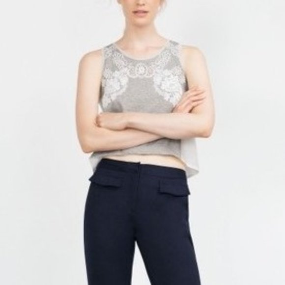 ZARA WB Lace Crop Tank Top Flora Design Semi Sheer - Picture 1 of 8